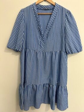 Sanda Darren Blue and White Striped V-Neck Babydoll Dress Spring Summer Vacay